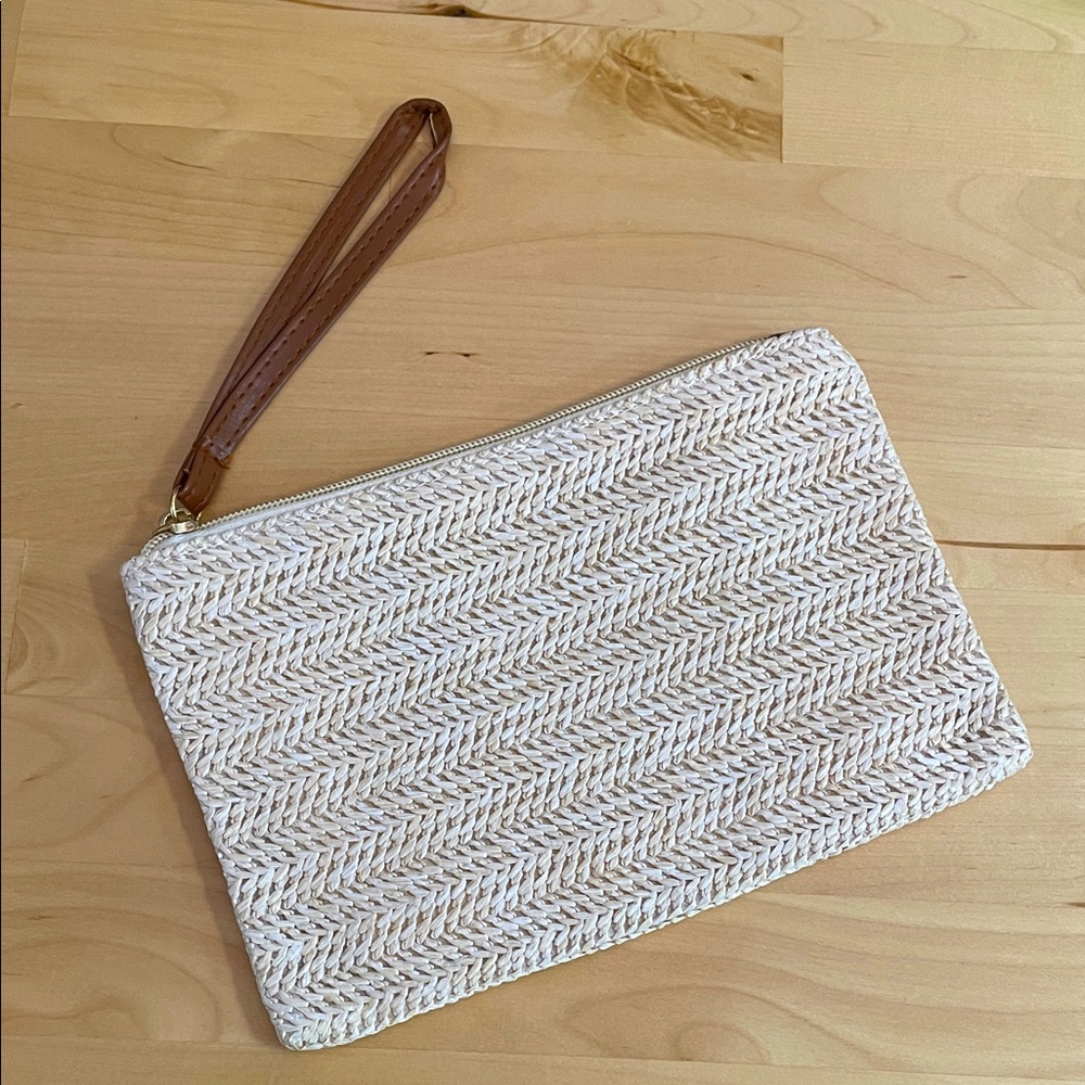 Zippered pouch woven Cream Clutch with Tan wristlet Strap